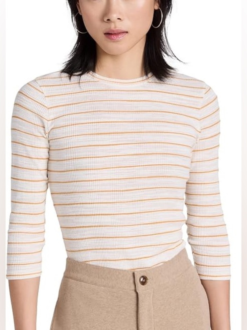 Vince Striped 3/4 Sleeve Crewneck Top Yellow White - Medium